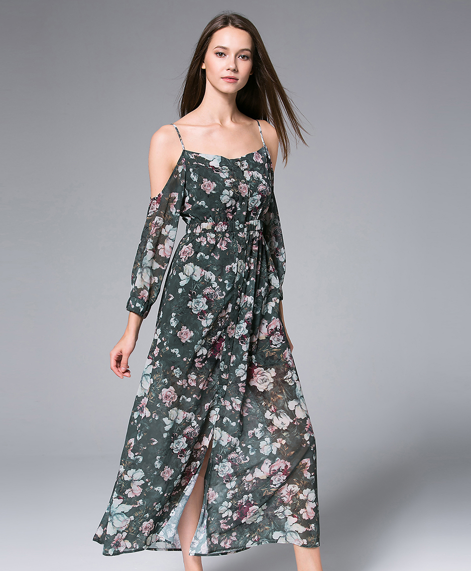 Dress -  Digital Roses Printed  silk chiffon maxi dress